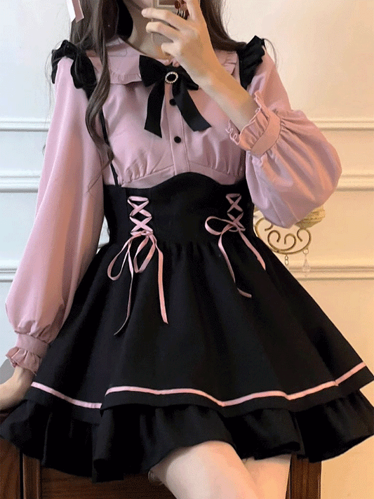 【493】フリルドールカラーブラウス 2点セット 単品販売 量産型 キャミワンピース リボンブラウス レディース トップス ブラウス シャツ 長袖 地雷系  春 夏 秋 冬  量産型 地雷系 参戦服 ロリータ ゴスロリ 大きいサイズ サブカル 闇系 夢展望