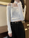 【121】春秋 ハーネスネック オフショルダー ロングスリーブ ニットトップス 長袖 Tシャツ クロップド丈 セクシー 露肩 インナー ハイウエスト レディース