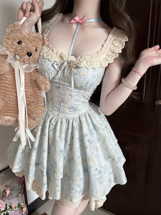 【416】[夢かわ·ふんわり二段ティアードで可愛さ満点] 小花柄 ワンピース 春夏新作 レディース ピンク ブルー レース プリント 花柄 地雷系  ガール系 ロリータ 原宿系 Aライン