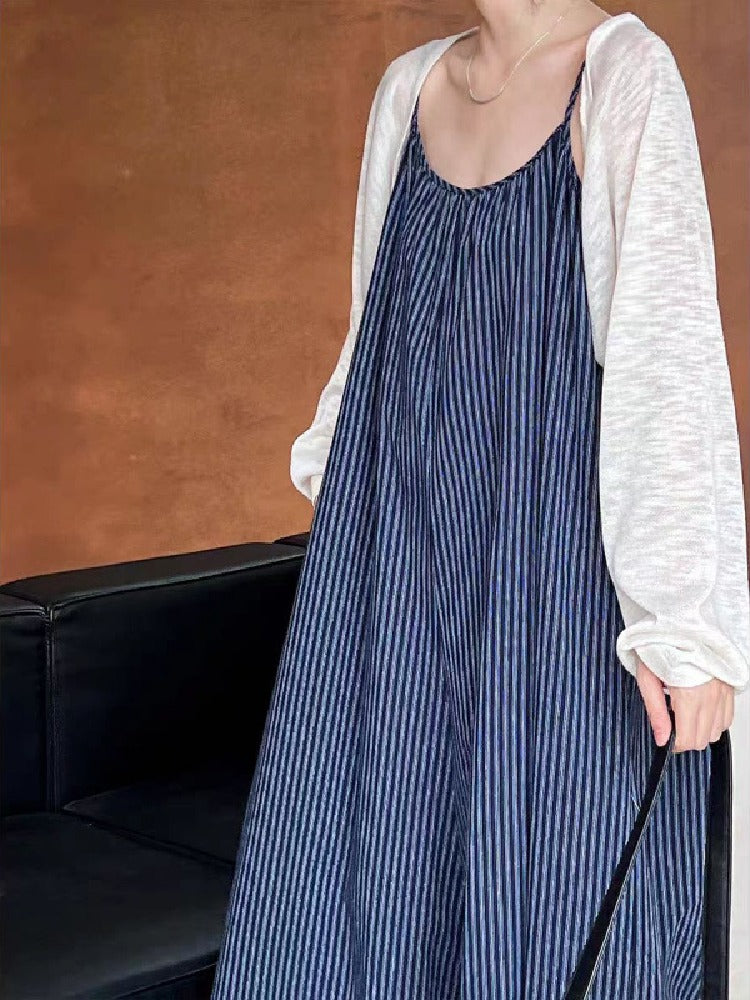 【738】ブルーストライプ サロペット レディース 夏用 ワイドパンツ ルーズフィット シェイプアップ カジュアル オールインワン ゆったり ストラップパンツ 体型カバー 涼感 春夏新作