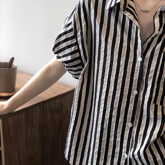 ID788 2色展開 ストライプ柄 シャツ レディース 五分袖 バルーンスリーブ ゆったり ショート丈 高見え トップス 夏 カジュアル