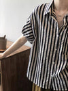 ID788 2色展開 ストライプ柄 シャツ レディース 五分袖 バルーンスリーブ ゆったり ショート丈 高見え トップス 夏 カジュアル
