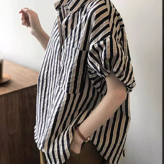 ID788 2色展開 ストライプ柄 シャツ レディース 五分袖 バルーンスリーブ ゆったり ショート丈 高見え トップス 夏 カジュアル