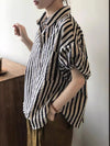 ID788 2色展開 ストライプ柄 シャツ レディース 五分袖 バルーンスリーブ ゆったり ショート丈 高見え トップス 夏 カジュアル