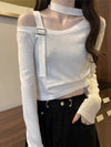 【121】春秋 ハーネスネック オフショルダー ロングスリーブ ニットトップス 長袖 Tシャツ クロップド丈 セクシー 露肩 インナー ハイウエスト レディース
