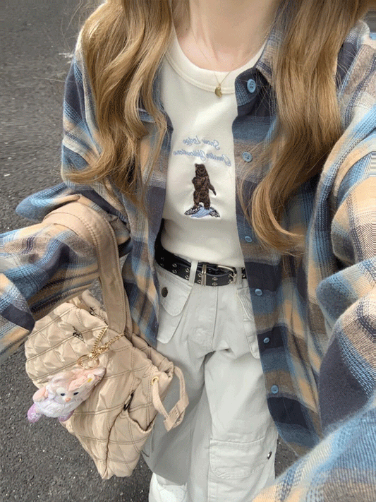 【112】[50%OFF！羽織りでも主役でも大活躍] チェック柄 シャツ 韓国ファッション トップス 長袖 ボタン 前開 ルーズ オーバーサイズ ゆったり カジュアル 秋 夏 春 STYLE