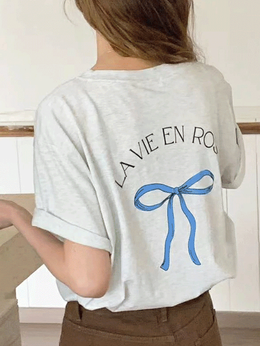 【225】Tシャツ リボン ロゴ 半袖 綿 通販 韓国 服 夏 トップス レディース かわいい 安い カジュアル シンプル トラベル 韓国 ファッションバックリボンロゴTシャツ