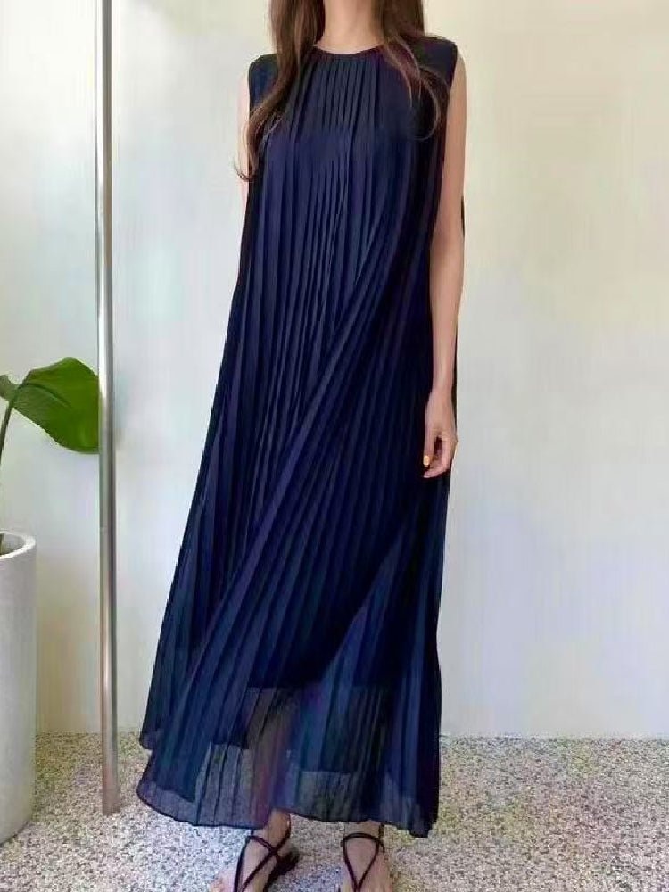 ロングワンピース 重ね着風 ノースリーブ プリーツスカート 2色 imgrc0115949078.jpg