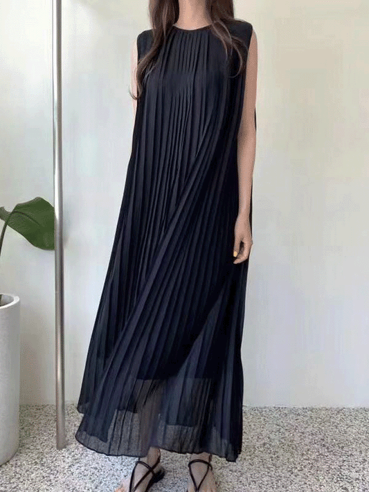 【319】[透け感が絶妙] 夏にぴったりな涼感ワンピース レディース シフォン ノースリーブ ロング丈 プリーツ ベルト付き 着痩せ効果 ウエストマーク 上品 きれいめ 夏コーデ