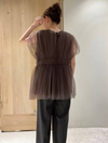 【690】2色展開 ウエストギャザー チュールノースリーブトップス レディース ふんわり透け感 シアーTシャツ風ブラウス 体型カバー 夏新作