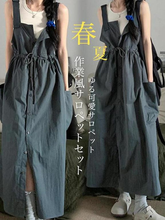 【368】[今すぐ着たい2点セット！]  レディース ワーク風キャミワンピース＋Tシャツ 2点セット ゆったり Aライン 体型カバー ナチュラル 可愛い デイリー 夏コーデ