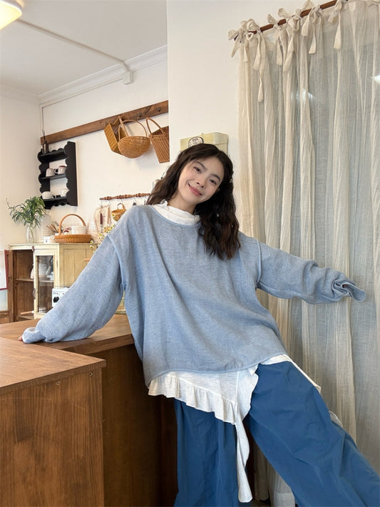 【257】春コーデ3点セット｜ブルーシャツ＋フリルインナー＋ワイドパンツ レディース カジュアル 重ね着風 セットアップ オーバーサイズ ゆったり 春新作