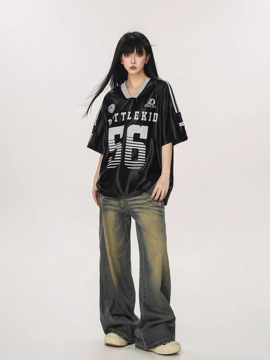 【383】[限定カラーあり！カップルコーデ対応] バイカラー Vネック ロゴプリント Tシャツ ゆったりシルエット 体型カバー 半袖トップス
