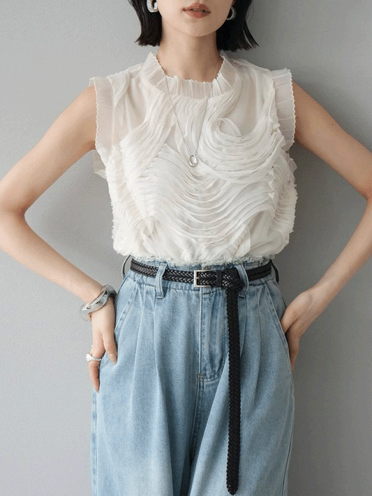 【689】2色展開 立体刺繍シアー ノースリーブトップス レディース フリルデザイン 上品 透け感 Tシャツ風ブラウス 夏新作