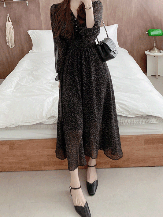 【438】春夏新作 Vネック 花柄シフォンワンピース ロング丈 ウエストシャーリング 体型カバー 着痩せ効果 上品フェミニン 清楚系ワンピ