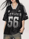 【383】[限定カラーあり！カップルコーデ対応] バイカラー Vネック ロゴプリント Tシャツ ゆったりシルエット 体型カバー 半袖トップス