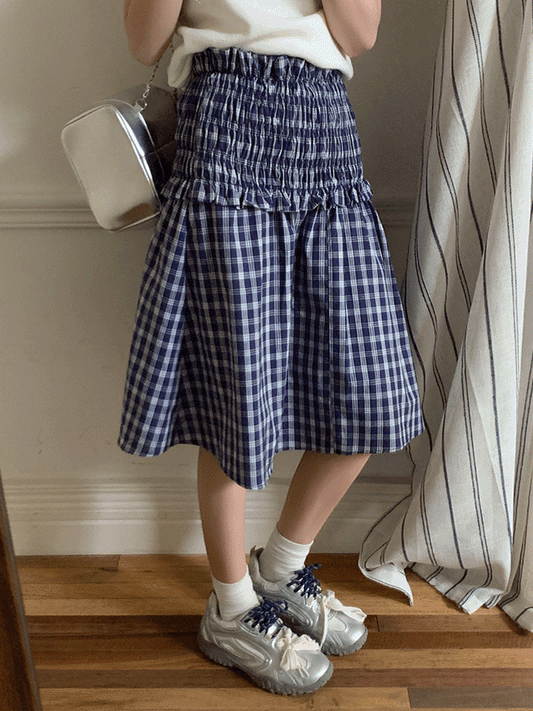 【564】2WAY チェック柄シャーリングワンピース/スカート レディース 松緊ウエスト 木耳フリルデザイン 着痩せ ミモレ丈 夏新作 大人可愛い 体型カバー 外出/部屋着