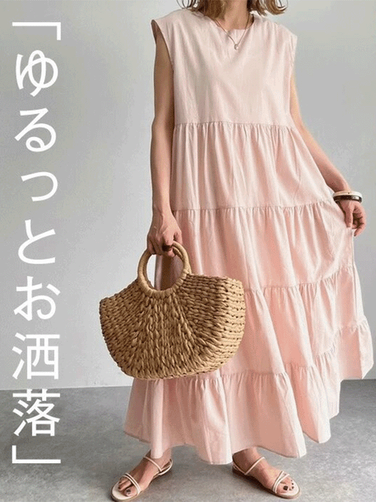 【566】4色展開 ティアードワンピース ノースリーブ ロング丈 ゆったりシルエット 丸首 体型カバー 夏ワンピ 大人カジュアル 部屋着/外出