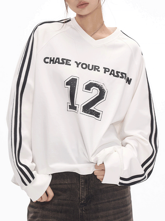 【254】Vネックライン入り ジャージ風スウェットトップス レディース Tシャツ 長袖 オーバーサイズ 春秋 スポーティー ゆったり ユニセックス