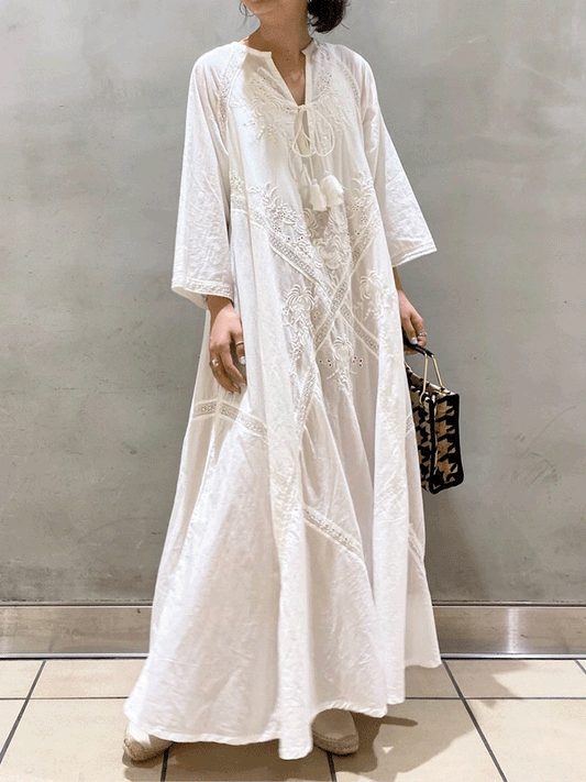 【691】「即完売注意！」ロング丈 Aラインワンピース レディース ゆったりシルエット 刺繍入り 七分袖 リボン付き 涼しげコットン素材 夏新作 高身長さん向け