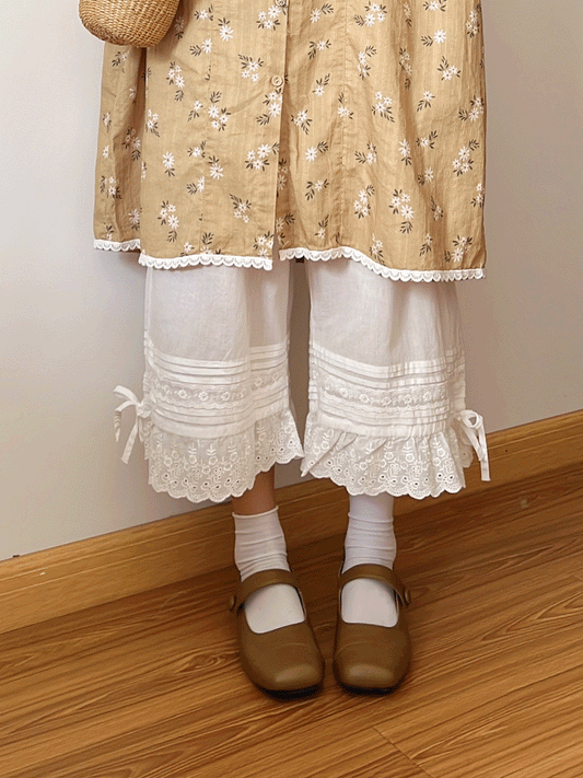 【516】[重ね着にぴったり] 綿100% レースペチパンツ レディース 森ガール系 八分丈 ゆったり ゴムウエスト 蝶結び付き インナー 春夏新作