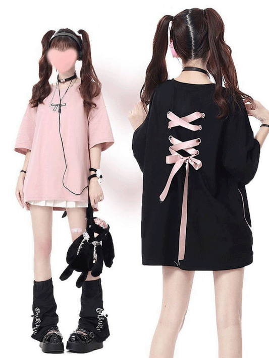 【512】[この夏絶対使える] S〜3XL対応 バックリボン レースアップ Tシャツ レディース 半袖 綿 ゆったり オーバーサイズ 韓国風 地雷系 ガーリー 夏新作