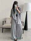 【653】2色展開 2点セット コットンロールアップTシャツ+ワイドパンツ セットアップ レディース 夏 ベーシック 韓国風 ルームウェア 外出 散歩 カジュアル