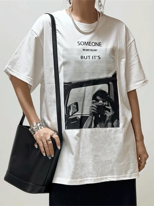 【594】[72H限定！60%OFFで2,699円] フォトプリントTシャツ レディース 半袖 ビッグシルエット オーバーサイズ ゆったり 体型カバー 英字ロゴ おしゃれ カジュアル ストリート 夏新作