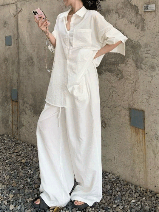 【347】セットアップ レディース リネン混 ポロ襟シャツ＋ワイドパンツ 2点セット ゆったり シンプル ナチュラル 大人カジュアル 夏コーデ