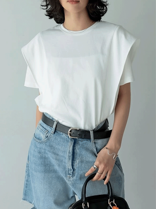 【685】ラッフルショルダーＴシャツ UVカット＆接触冷感カットソー レディース 無地 ゆったり シンプル 着回し トップス 体型カバー カジュアル 夏コーデ