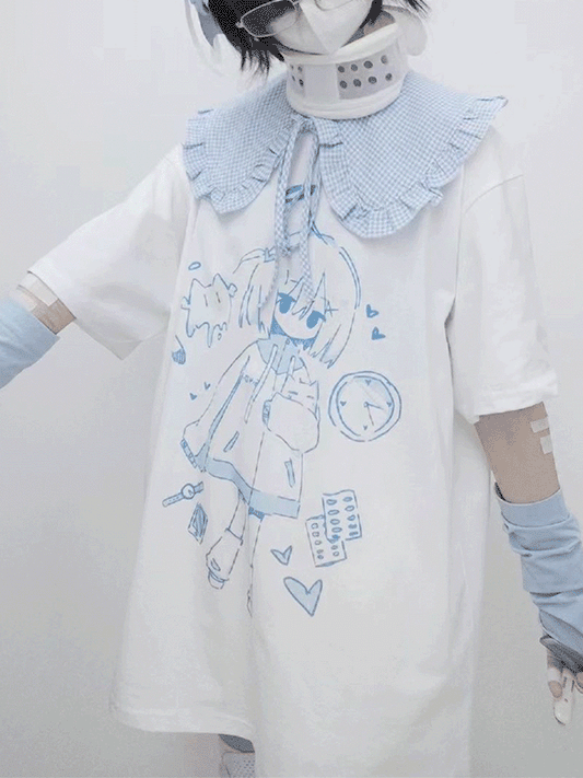 【590】水色プリント 地雷系 y2k 二次元 BIG Tシャツ レディース 夏 新作 オーバーサイズ 半袖トップス お出かけ/部屋着 ※付け襟なし