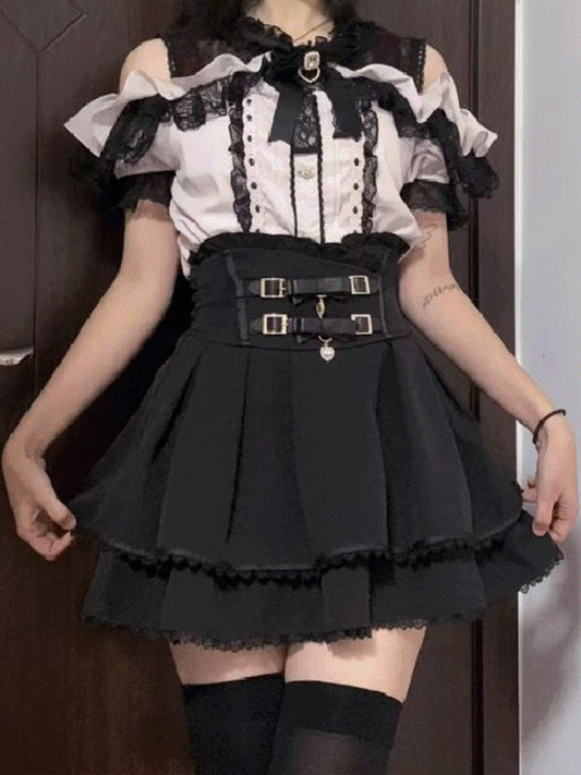 【472】[地雷女子のマストアイテム] 地雷系 量産型 2色展開 肩あきレースブラウス＋ハイウエストスカートセットアップ ショルダーオープン レース トップス ウエストマーク スカート 大人可愛い