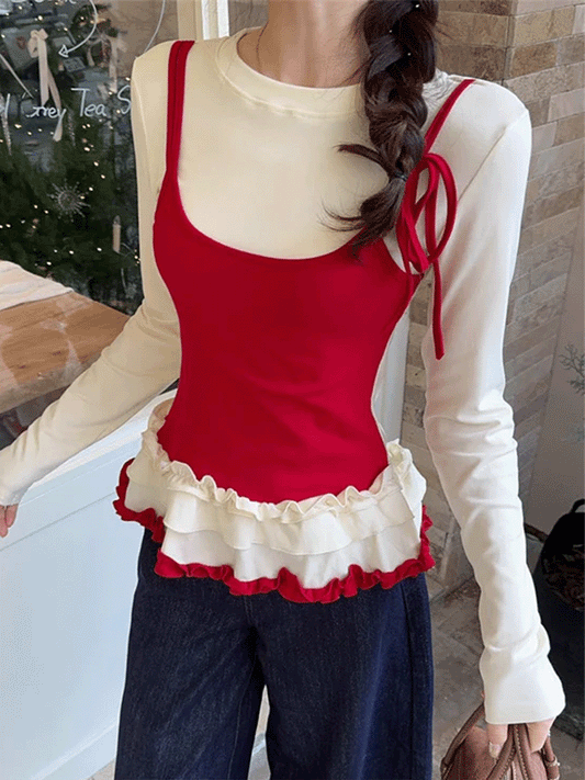 【116】3色展開 フェイクツーピースTシャツ Tシャツ カットソー プリーツデザイン レディース 重ね着風 長袖 Tシャツ 女性用 着回し力ある 春 秋 シンプル