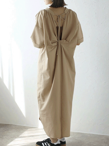 【558】バックリボンワンピース レディース ロング丈 半袖 シャツワンピ 体型カバー ゆったり 露出控えめ バックスリット リラックス 着心地 部屋着/外出/リゾート