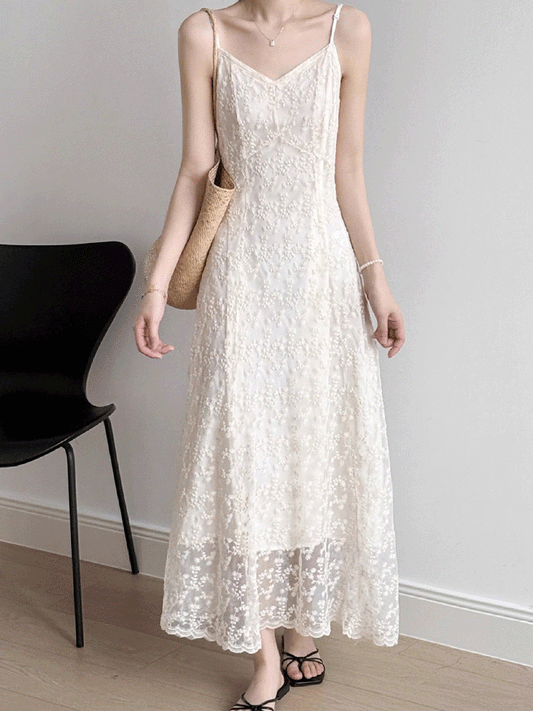 【629】『華やか刺繍で視線集中』ホワイト レースキャミワンピース レディース 夏 お呼ばれ 結婚式 パーティー 二次会 お出かけ 上品 高見え ロングドレス フォーマル 体型カバー エレガント