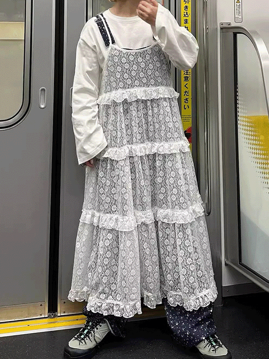 【396】透け感が魅力 刺繍レース キャミワンピース レディース 春夏新作 体型カバー ロング丈 インナー重ね着スタイル