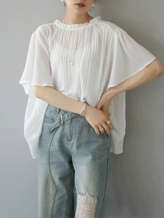 【684】ラッフルネック プリーツ シフォンブラウス レディース 半袖 ゆったり シアー素材 体型カバー 涼しげ トップス 夏 フェミニン 2色展開