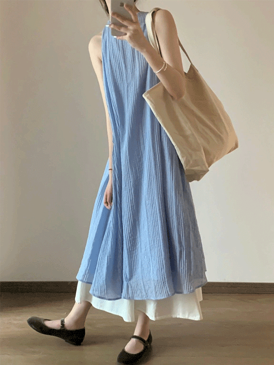 【635】「1枚で楽ちんオシャ見え」フェイクレイヤード ワンピース レディース ノースリーブ ゆったり 体型カバー ロング丈 夏 ストライプ風