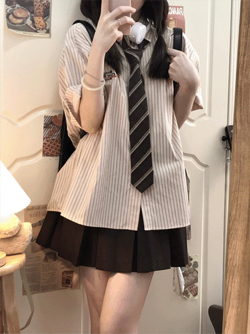 【588】2色展開 2点セット ストライプ柄 半袖シャツ +プリーツスカートレディース タイ付き 夏 学院風 ゆったり 韓国風 制服 百搭