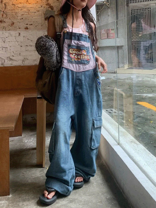 【352】サロペット レディース デニム 刺繍入り 小熊モチーフ ヴィンテージ風 ワイドパンツ 大きめポケット ゆったり カジュアル 秋コーデ