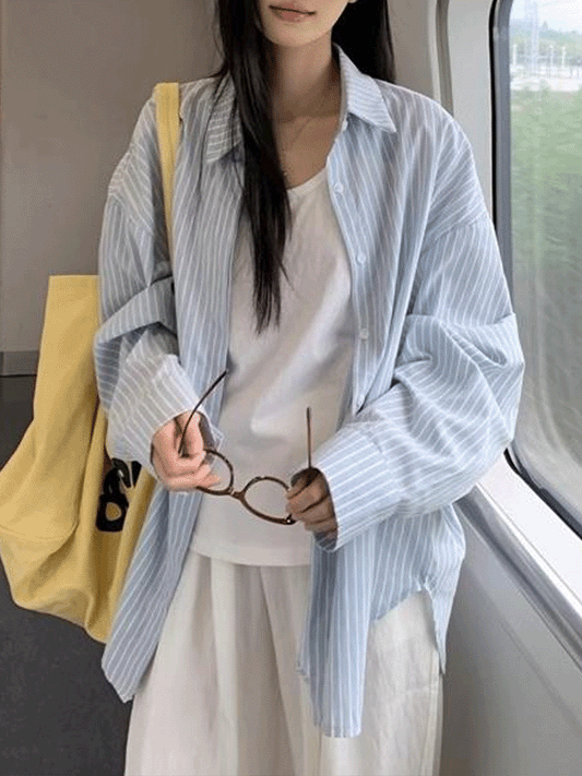 【255】[上下セットで即コーデ完成！] 韓国風 オーバーサイズ 2点セットアップ ストライプシャツ＆ワイドパンツ レディース UVカット 春 リラックススーツ