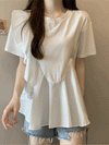 【377】S〜4XL対応 フリルデザイン Tシャツ レディース フェミニン トップス 体型カバー フレア 裾ティアード 着回し 半袖 カジュアル おしゃれ 2025夏新作