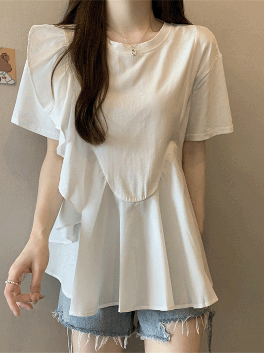 【377】S〜4XL対応 フリルデザイン Tシャツ レディース フェミニン トップス 体型カバー フレア 裾ティアード 着回し 半袖 カジュアル おしゃれ 2025夏新作