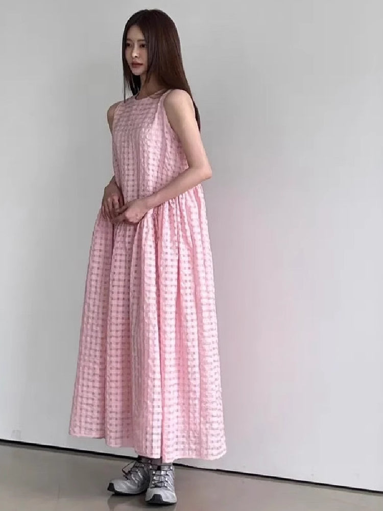 ID775 3色展開 ノースリーブ ロングワンピース レディース 丸首