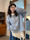 【257】春コーデ3点セット｜ブルーシャツ＋フリルインナー＋ワイドパンツ レディース カジュアル 重ね着風 セットアップ オーバーサイズ ゆったり 春新作