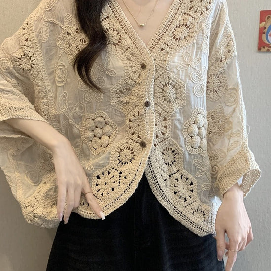 【757】Vネック かぎ針編み レース カーディガン 透かし彫り 長袖 ゆったり 日焼け対策 エアコン対策
