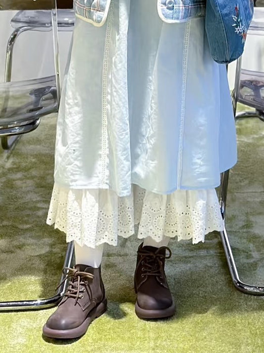 【518】甘め刺繍コットンペチコートパンツ ロング丈 総ゴムウエスト 透かしレース フリル裾 重ね着 インナー レディース