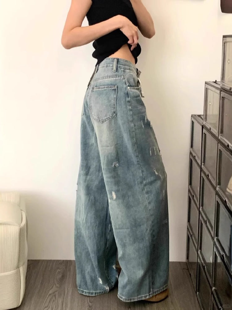 【737】アメリカンヴィンテージ デニムパンツ レディース ハイウエスト ストリート スタイル ブルー ダメージ加工 ワイドレッグ ルーズ フィット 美脚 ストレートパンツ カジュアル 春夏新作