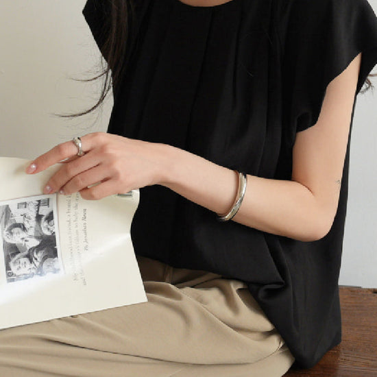 ID789 3色展開 涼感素材 プルオーバー ブラウス レディース ラウンドネック タック入り ゆったり シンプル 通勤 夏 トップス