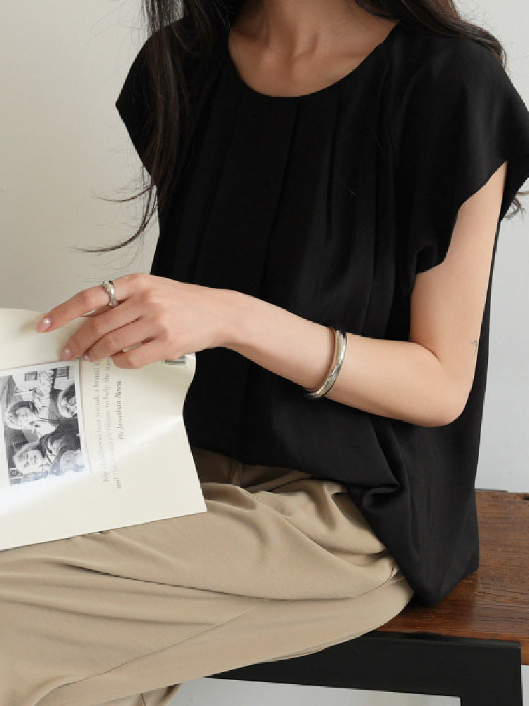 ID789 3色展開 涼感素材 プルオーバー ブラウス レディース ラウンドネック タック入り ゆったり シンプル 通勤 夏 トップス